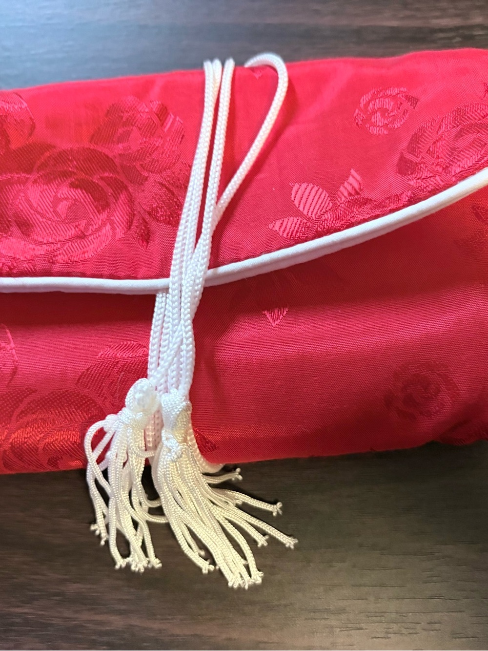 Elegant Red Satin Clutch with White Tassel